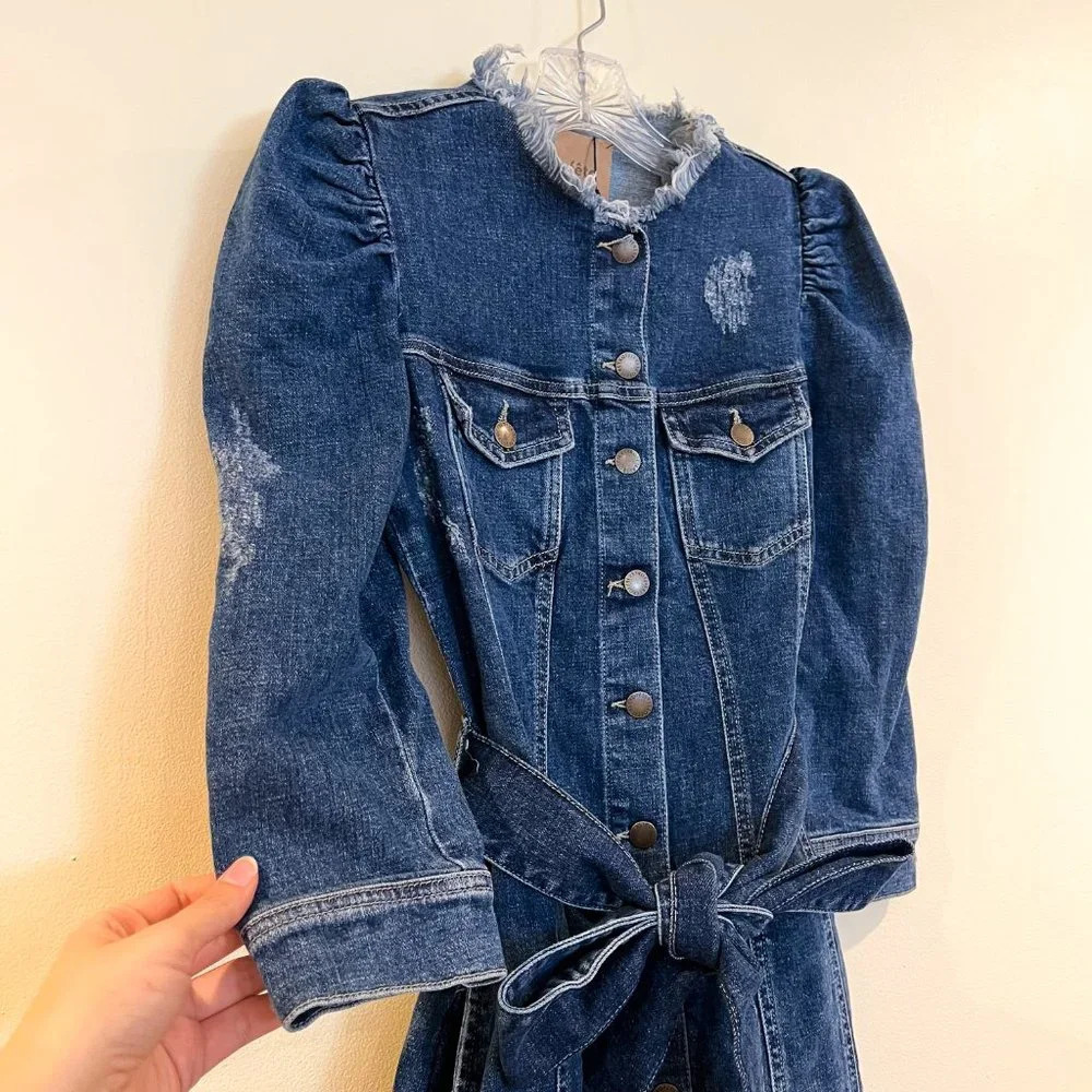 Retrofete Jaime Denim Button Down Quarter Sleeve Tie Waist Distressed Mini Dress - Picture 4 of 12